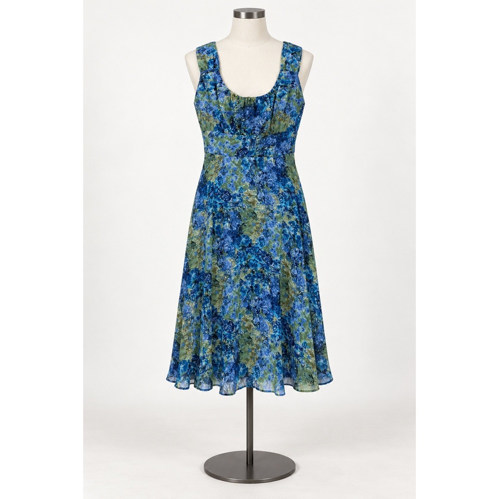 Floral Midi Dress Womens 8 Blue Green Sleeveless Ruched Babydoll Cottagecore